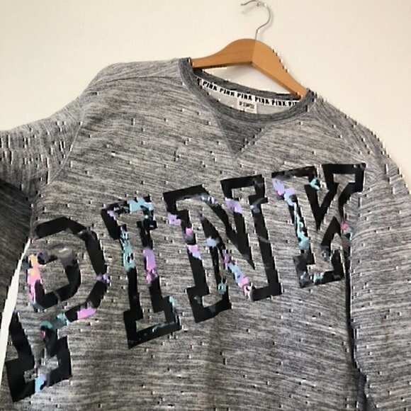 PINK VS VICTORIA'S SECRET Campus Crew Sweatshirt Gray Marled Paint Splatter XS - Picture 4 of 10